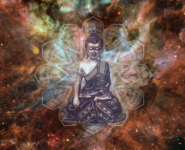 buddha surrounded by the energy of the universe