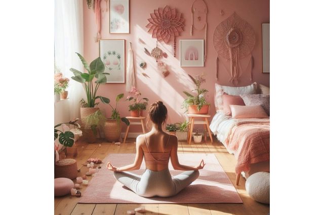 woman with back meditating in her room with spiritual decorations