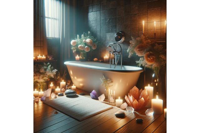 Experience tranquility with a spiritual bath: an oasis of calm with candles, crystals, and serene natural elements, setting the perfect ambiance for rejuvenation.