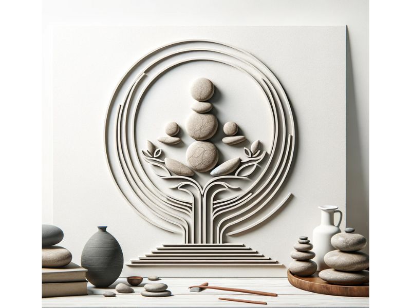 image illustrating inner peace and harmony of mind, body and soul, represented by a balanced group of stones or a peaceful Zen garden, in a simple yet modern style