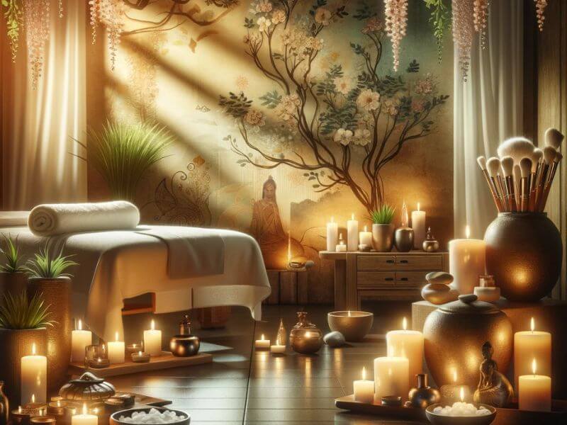 spiritual massage room with candlelight and Buddhist decoration for a Zen atmosphere