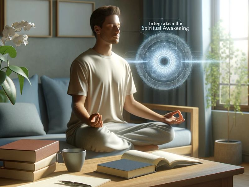 A person peacefully meditating in a home environment, with a notebook and pen nearby, symbolizing the integration of spiritual awakening test results into daily life. The setting is calm and serene, with soft lighting and natural elements like plants or a window view