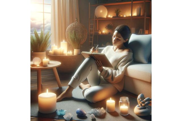 a person peacefully journaling in a cozy, well-lit room, reflecting on their spiritual bath experience. The room is serene