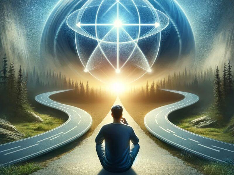 a person thoughtfully choosing between different spiritual paths, represented as various roads diverging in a natural setting. This image symbolizes the decision-making process in selecting a spiritual awakening test and reflects the journey of self-exploration and the diversity of spiritual paths available.