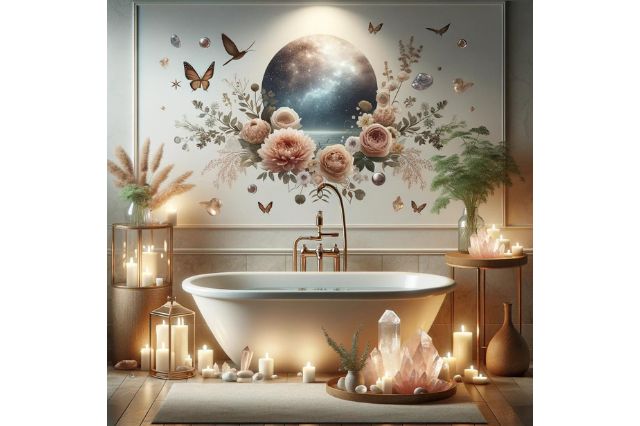 serene bathroom setting with a luxurious bathtub filled with natural elements like flowers and crystals, soft lighting