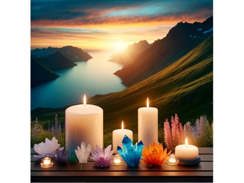 warm candlelight on a balcony overlooking a magnificent lake and mountains