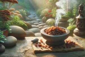 An outdoor altar where frankincense resin is burned, surrounded by a lush garden. The sunlight through the leaves and the drifting smoke create a sacred atmosphere conducive to reflection and spiritual connection