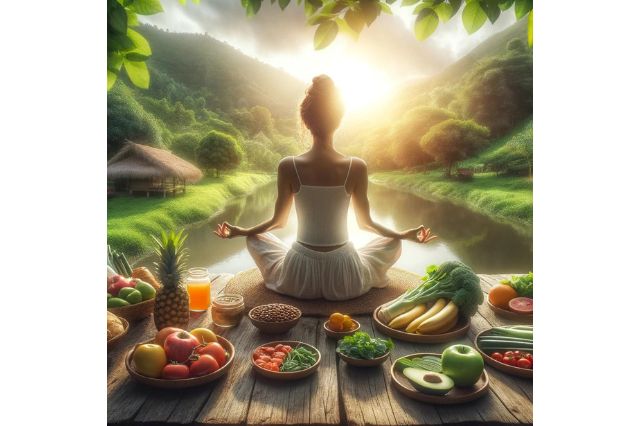 a person meditating in a serene, natural setting with healthy foods, symbolizing the balance between spiritual growth and nutritional well-being.