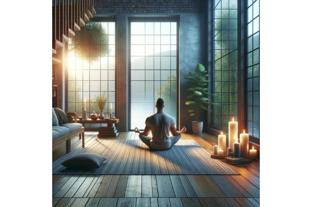 an individual sitting in a serene indoor setting, practicing spiritual grounding through meditation